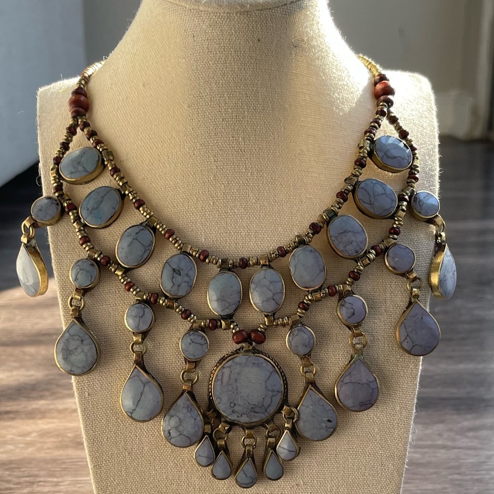Vintage Southwest Style Boho Necklace Silver Gray Tone Turquoise Sz 18.5”